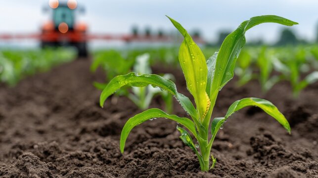 Young corn plant in field with irrigation system in the background