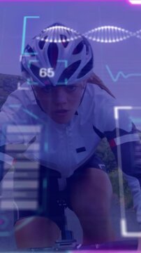 Female cyclist pedaling on road, camera starting recording, HUD showing HR readout for training