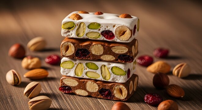 Stacked torrone a delicious italian nougat treat with nuts and dried fruits