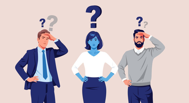 Confused business people ponder questions in office setting with doubts