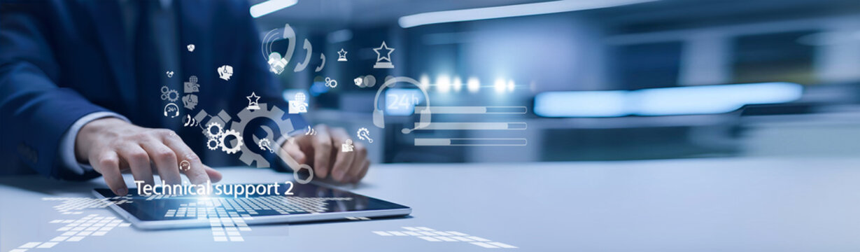 IT support engineer holding service dashboard. Technical support resolves system issues, provides assistance, and ensures smooth technology operations.