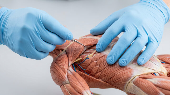 Human muscle model anatomy study medical education blue gloves muscle fibers anatomical detail muscle dissection medical tool healthcare training muscle structure human body muscle tissue anatomy