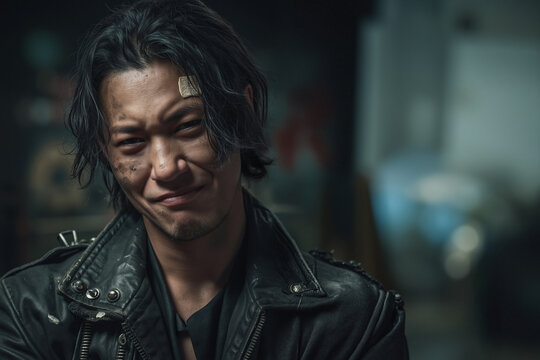 Japanese Toyoko kid in tattered leather jacket, face with grime and bandages showing fierce defiance and pain, dark moody urban background