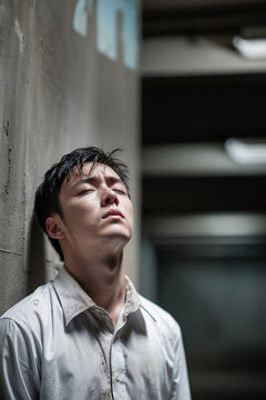 a young Chinese Gen-Z man in a torn stained office shirt slumped against a concrete underpass wall, profound involution burnout and defeat expression