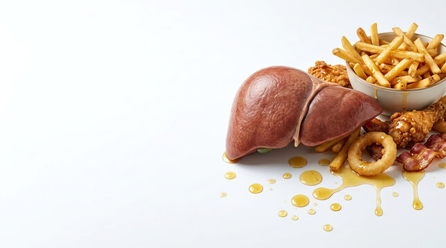 Greasy human liver model with fried food including french fries, fried chicken, bacon, and onion ring, illustrating unhealthy diet impact on liver health and fat accumulation