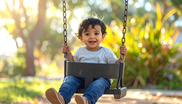 Happy child playing on swing outdoors.