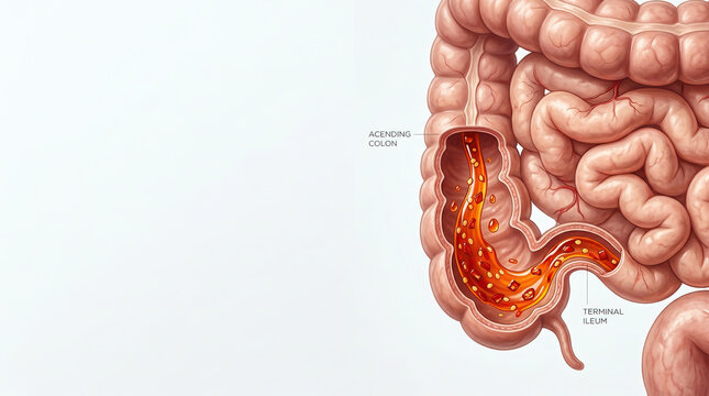 Human intestines with labeled ascending colon and terminal ileum showing internal structure and blood vessels in detailed medical illustration