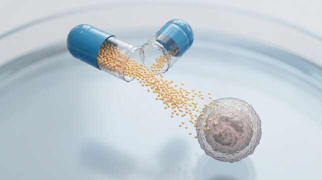 Drug capsule releasing small yellow granules toward cell in scientific environment, illustrating targeted drug delivery and advanced medical treatment technology
