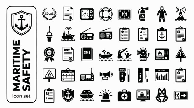 Maritime Safety Compliance Bold Line Icons-SOLAS ISM ISPS EPIRB GMDSS PSC AIS Immersion Suit Lifeboat MOB VSAS-25 Maritime Safety Icon Set Vector