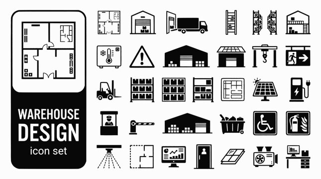 Warehouse Layout Design Bold Line Icons-Floor Plan Dock Mezzanine Cross-Dock Cold Store Hazmat Racking Sprinkler Solar-25 Warehouse Design Icon Set Vector