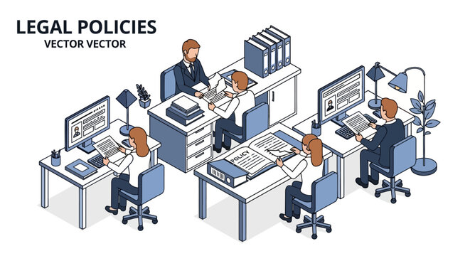People working in an office environment on legal policies.