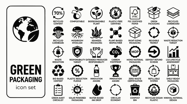 Sustainable Green Packaging Bold Line Icons-Compostable Biodegradable FSC Mycelium Seaweed EPR Circular Mono-Material DRS LCA-25 Green Packaging Icon Set Vector