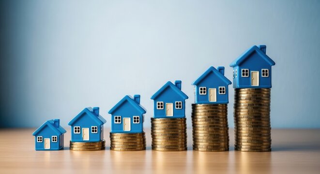 Rising home values miniature houses stacked on increasing stacks of coins