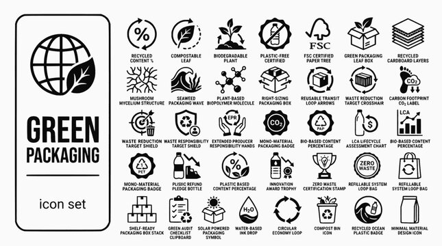Sustainable Green Packaging Bold Line Icons-Compostable Biodegradable FSC Mycelium Seaweed EPR Circular Mono-Material DRS LCA-25 Green Packaging Icon Set Vector