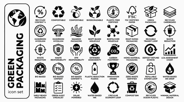 Sustainable Green Packaging Bold Line Icons-Compostable Biodegradable FSC Mycelium Seaweed EPR Circular Mono-Material DRS LCA-25 Green Packaging Icon Set Vector