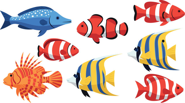 Colorful Tropical Fish Collection Featuring Clownfish Angelfish Lionfish and Marine Species in Flat Cartoon Style Isolated Vector Illustration for Aquarium Design