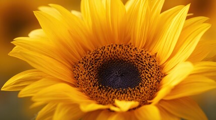 Obraz premium Yellow sunflower close up macro shot. Beautiful flower plant blooming in summer field. Nature botanical flora background. Bright gold petals and dark center for greeting card design.