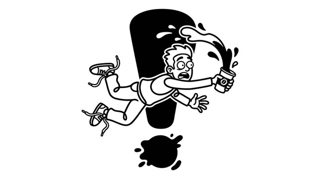 Minimalist Warning Exclamation with Clumsy Cartoon Fall Line Art, Monochrome Vector Illustration of Slapstick Comedy