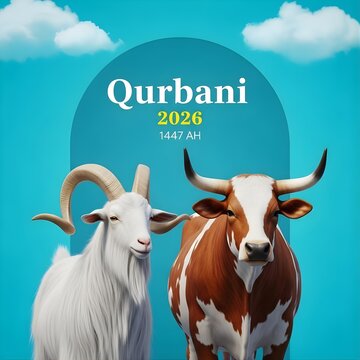 Professional Qurbani 2026 Eid al-Adha Banner: Sacrificial Goat and Bull Illustration for 1447 AH