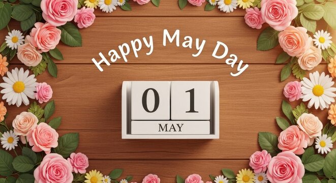 Happy may day decoration with flowers and calendar showing first of may.