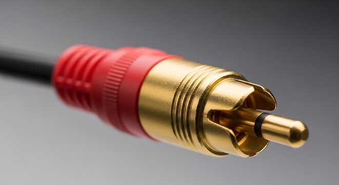 A close up view of a golden rca connector with a red plastic casing used for audio visual cables.