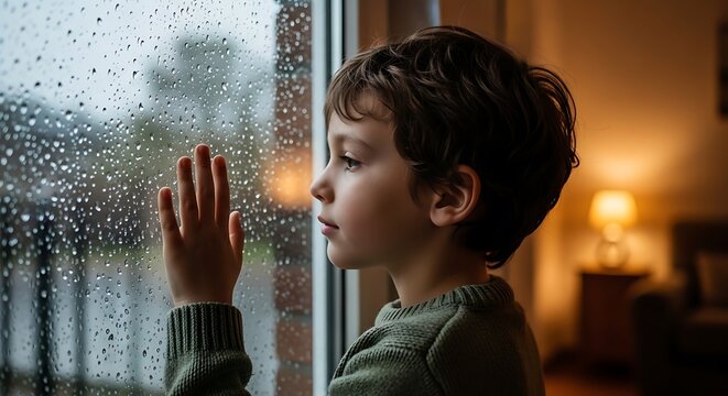 Young boy looking out a rain-streaked window on a gloomy day