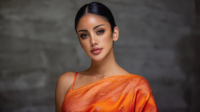 Female model wearing an orange saree poses elegantly against a textured gray background, showcasing traditional attire and contemporary beauty in a studio setting