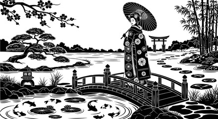 A woman in a kimono stands on a bridge in a japanese garden isolated on transparent background, isolated on white background, Vector © HOSSAIN