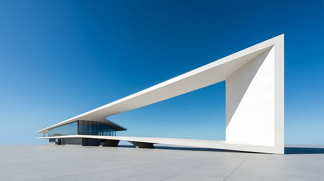 Modern white building with unique triangular cantilever design