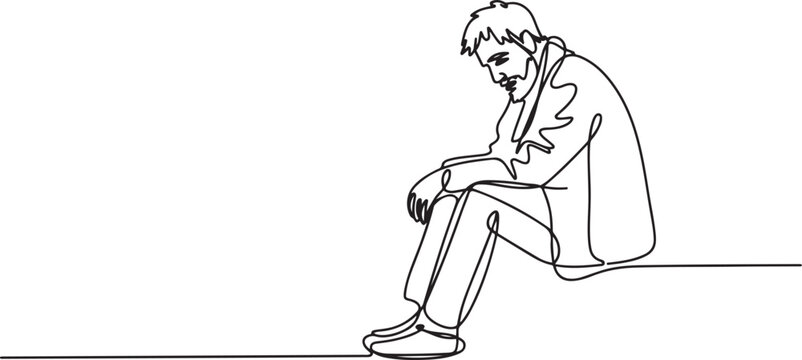 A starving homeless man on the street. Homeless one-line drawing. one line Icon drawing