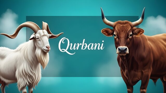Qurbani Eid al-Adha Banner: Professional Illustration of Sacrificial Goat and Bull for Festival