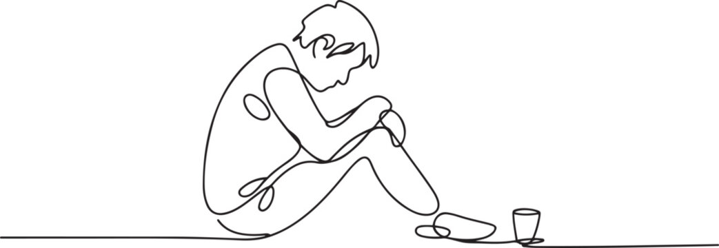 A starving homeless man on the street. Homeless one-line drawing. one line Icon drawing