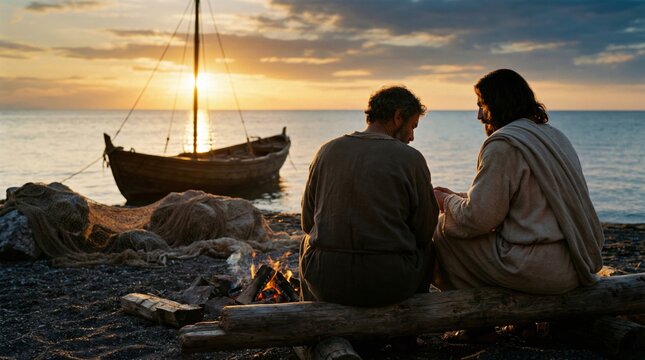 Jesus Christ sitting by a campfire on the shore with a fisherman. Biblical scene of spiritual conversation after fishing. Religious concept of faith, teaching, and fellowship at sunset.