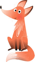 Naklejka premium Cute wild fox animal character with a friendly smile. Forest furry fox cartoon for children in watercolor style. Hand drawn vector illustration for kids.
