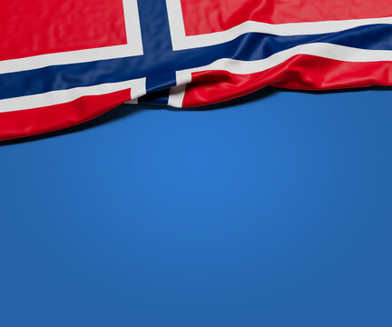 The wrinkled flag of Norway draped onto a flat blue background with shadow. Copy space for message