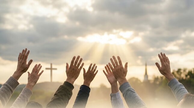 Group of people raising hands in praise and worship towards cross. Religious spiritual gathering under sunset sky. Christian faith, hope and belief concept. Community prayer service.