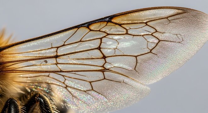 Extreme close-up of a bee's transparent wing with intricate vein patterns and iridescent shimmer