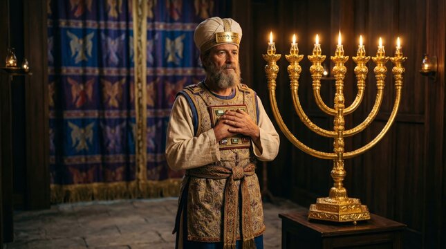High priest in ancient temple vestments standing by a glowing golden menorah. Religious figure in traditional biblical attire. Worship and faith concept for historical religious depictions.