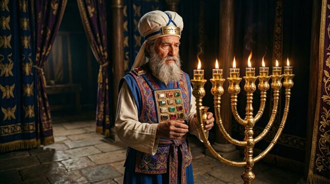 Jewish high priest in traditional vestment lighting gold menorah in temple. Historical religious scene depicting ancient worship ritual. Biblical character study for spiritual narrative.