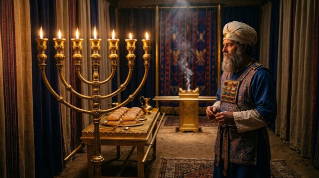 Jewish priest in traditional robe standing in tabernacle with golden menorah and incense smoke. Biblical scene of temple service. Religious ritual and ancient tradition in judaism.