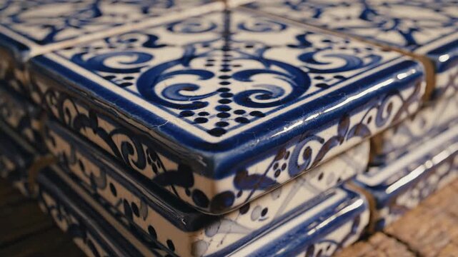 Close-up of stacked blue and white ceramic tiles with intricate Moroccan and Talavera patterns. Handmade decorative art on a rustic wooden surface. Traditional interior decor element