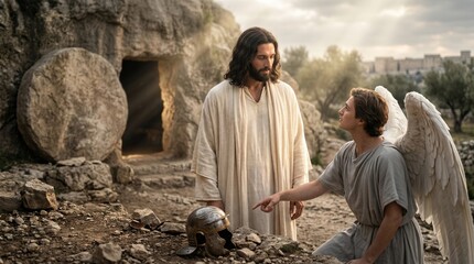 Fototapeta premium Jesus Christ standing with angel pointing to roman soldier helmet near empty tomb. Biblical scene of resurrection. Christian story of divinity and spiritual hope for salvation.