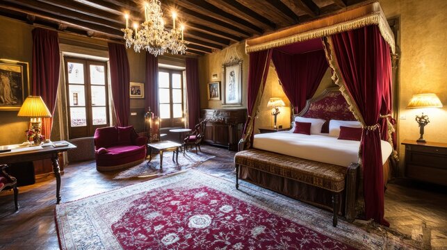 Luxurious antique bedroom with canopy bed and red decor