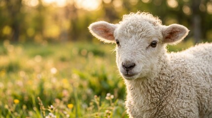 Obraz premium Little lamb standing in sunlit field. Religious symbol of Jesus Christ and innocence. Christian concept of Easter, faith and divine purity. Livestock animal in green nature meadow.
