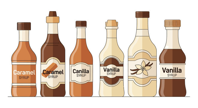 Coffee Flavoring Syrups Bottles Caramel and Vanilla on Bright Studio Background