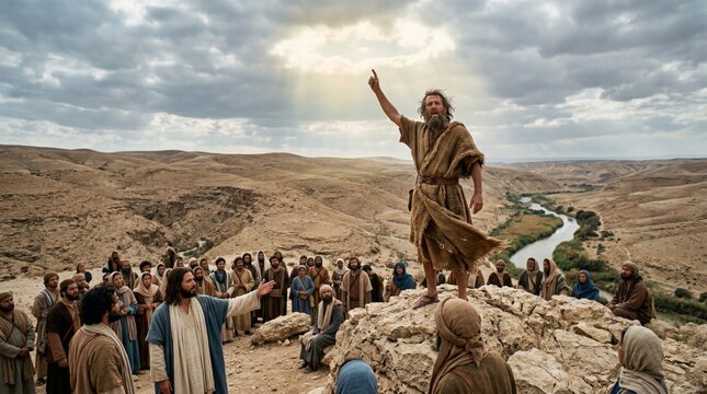 John the baptist preaching to people in desert landscape near river with Jesus Christ watching. Biblical story scene of prophet baptizing followers. Religious spiritual event.