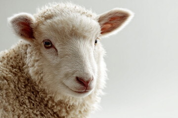 Fototapeta premium Close-up of a fluffy lamb with soft wool and gentle expression, isolated on a neutral background for farm and animal themes