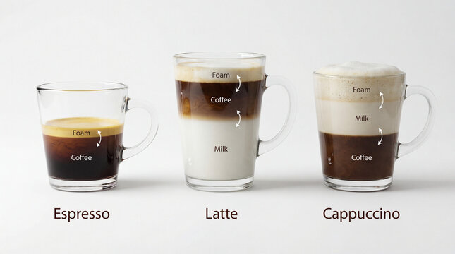 Coffee drinks comparison shows coffee layers. Minimal chart compares espresso, latte, cappuccino with foam, milk, coffee ratios, supporting cafe training, menu education, drink choice, barista guide