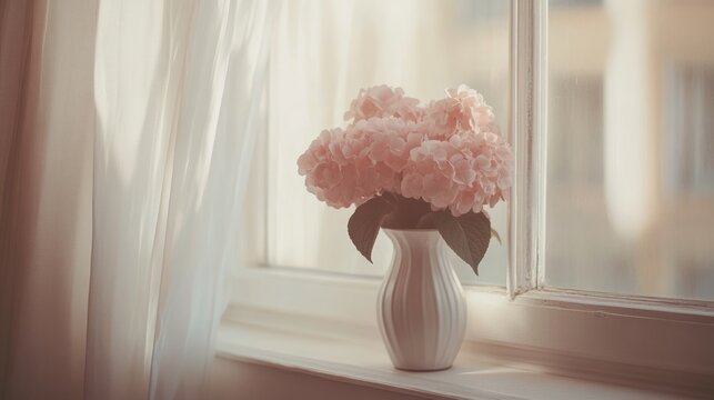 Pink hydrangeas in white vase on sunlit windowsill