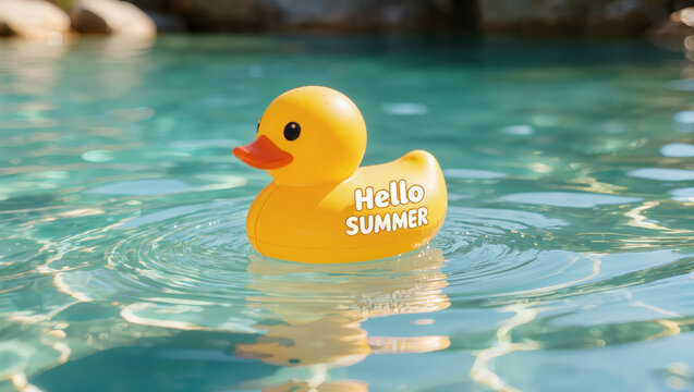 Yellow inflatable rubber duck with &ldquo;Hello SUMMER&rdquo; text floats on turquoise water, creating a cheerful and relaxing summer vacation mood.
